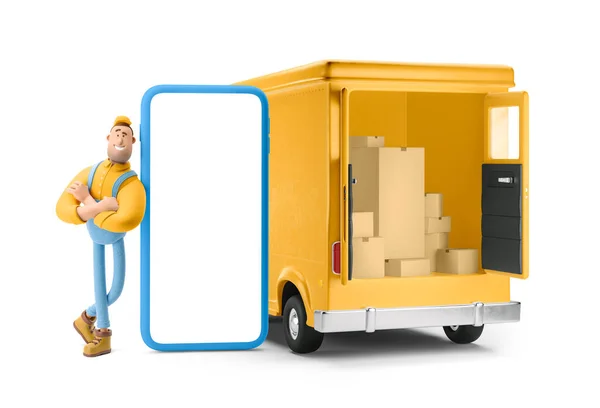 Conceito de entrega online. Serviço de entrega de caminhões e transporte. Ilustração 3d. Desenhos animados carro amarelo com personagem motorista e telefone grande . — Fotografia de Stock