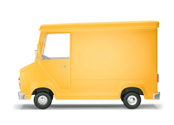 Servizio di consegna camion e trasporto. Illustrazione 3d. Cartoni animati auto gialla. Vista frontale . — Foto Stock
