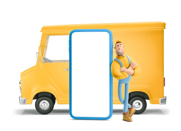 Conceito de entrega online. Serviço de entrega de caminhões e transporte. Ilustração 3d. Desenhos animados carro amarelo com personagem motorista e telefone grande . — Fotografia de Stock
