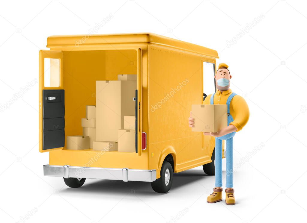 Safe delivery concept. Truck delivery service and transportation. 3d illustration. Cartoon yellow car with driver character in medical mask. 