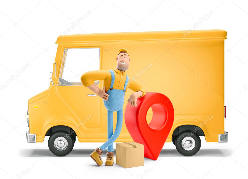 Truck delivery service and transportation. 3d illustration. Cartoon yellow car with driver character and pin sign. Parcel tracking concept.