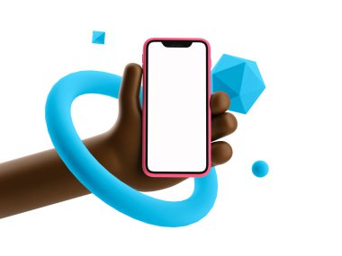 Çizgi film cihazı Mockup. Çizgi filmdeki siyahi adam renkli şekilli telefonu tutuyor. 3d illüstrasyon.