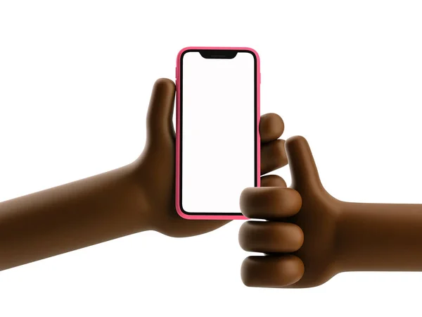 Dispositivo de desenho animado Mockup. Cartoon mão homem preto segurando telefone no fundo branco. ilustração 3d . — Fotografia de Stock