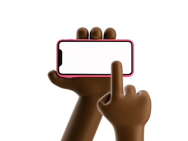 Dispositivo dei cartoni animati Mockup. Cartone animato nero mano che tiene il telefono su sfondo bianco. Illustrazione 3d. — Foto Stock