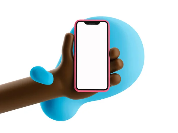 Dispositivo de desenho animado Mockup. Cartoon mão homem negro segurando telefone com formas coloridas. ilustração 3d . — Fotografia de Stock