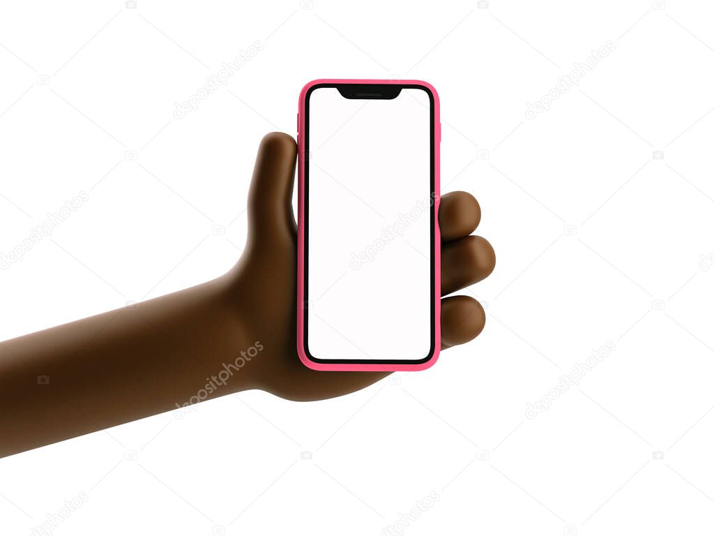 Cartoon device Mockup. Cartoon black man hand holding phone on white background. 3d illustration.