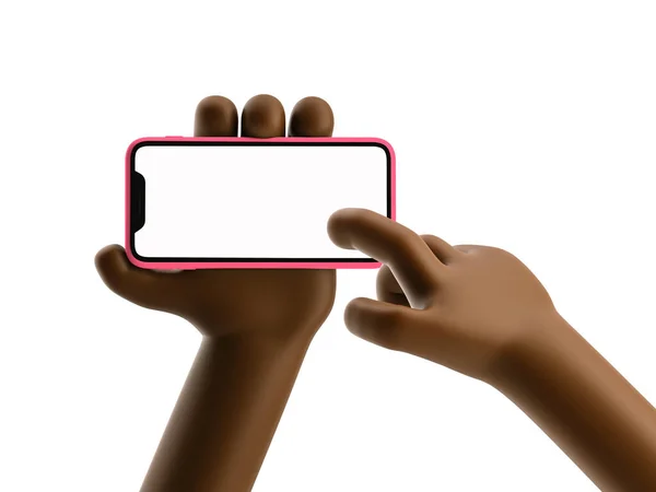 Tecknad anordning Mockup. Tecknad svart man hand håller telefonen på vit bakgrund. 3D-illustration. — Stockfoto