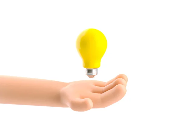 3D-illustration. Tecknad karaktär hand hålla en glödlampa. — Stockfoto