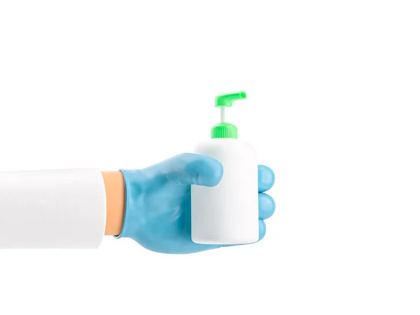 3d illustration. Cartoon character hand in medical glove holding a jar of antiseptic. — Stock Photo, Image