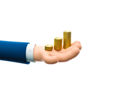 3d illustration. Cartoon businessman character hand holding a coin stacks. clipart