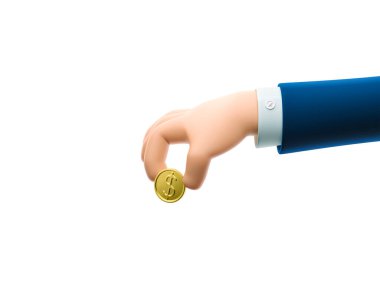 3d illustration. Cartoon businessman character hand holding a coin. clipart