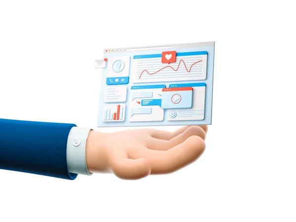 3 boyutlu illüstrasyon. Çizgi film işadamı karakteri elinde iniş sayfası. UI ve UX kavramı.