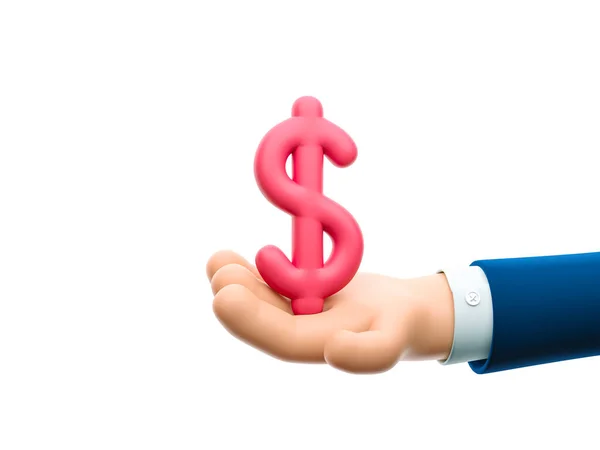 3D-illustration. Tecknad affärsman karaktär hand håller en dollar tecken. — Stockfoto