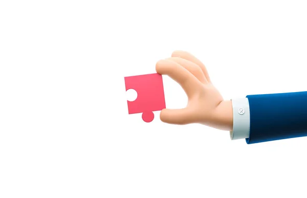 3d illustration. Cartoon businessman character hand holding a puzzle piece. — Stock Photo, Image