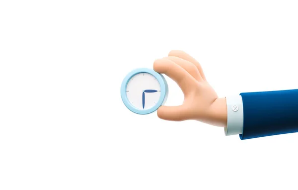 3D-illustration. Tecknad affärsman karaktär hand hålla en klocka. — Stockfoto
