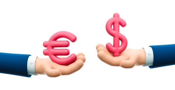 Ilustração 3d. Mãos de personagem de empresário de desenhos animados segurar dólar e euro sinal. Câmbios. — Fotografia de Stock