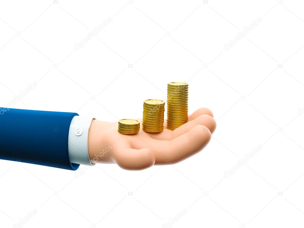 3d illustration. Cartoon businessman character hand holding a coin stacks.