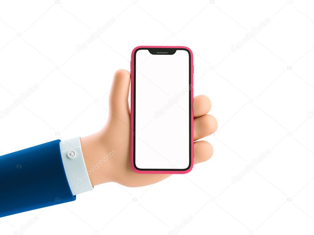 3d illustration. Cartoon businessman character hand holding a phone with white screen.
