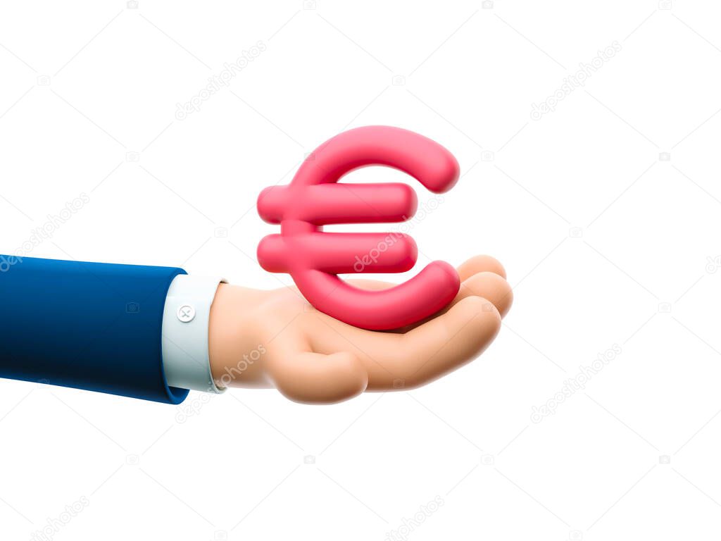 3d illustration. Cartoon businessman character hand holding a Euro sign.
