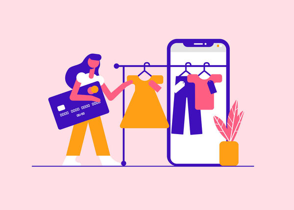 Концепция социальных сетей. Современная векторная минималистическая иллюстрация. Девушка делает покупки в интернет-магазине.