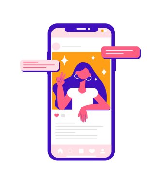 Sosyal medya konsepti. Modern vektör minimalist illüstrasyon. Sosyal ağda fotoğrafı olan bir telefon.