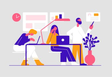 Sosyal medya konsepti. Modern vektör minimalist illüstrasyon. Ekip ofiste çalışıyor..