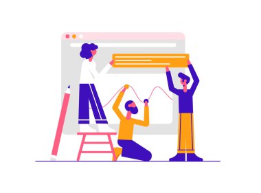 Sosyal medya konsepti. Modern vektör minimalist illüstrasyon. Pazarlama analistleri strateji geliştiriyor.