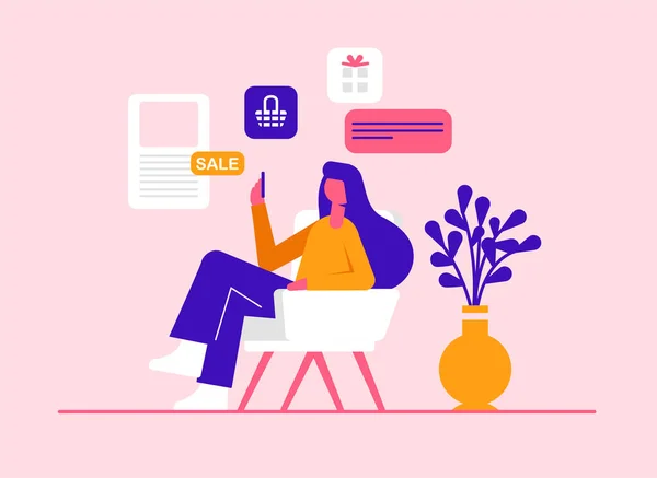 Conceito de mídia social. Ilustração minimalista vetorial moderna. A menina faz compras na loja online. — Vetor de Stock