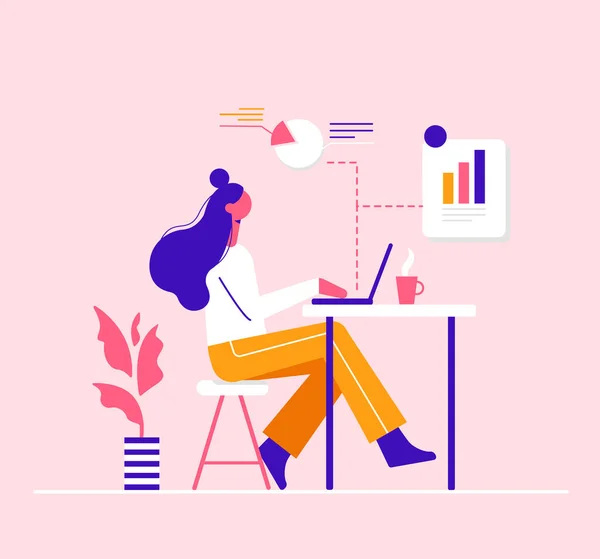 Social media concept. Modern vector minimalistic illustration. The girl is engaged in analytics on the computer. — Stock Vector