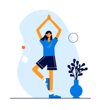 Modern vektör spor illüstrasyonu. Kız evde jimnastik yapıyor..