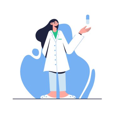 Vektör çizimi. Tıbbi konsept. Eczanede. İlaçlı kadın doktor..