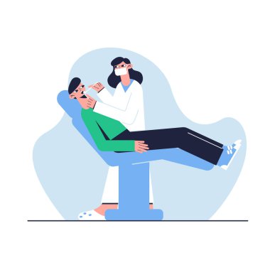 Vektör çizimi. Tıbbi konsept. Hasta dişçi koltuğunda oturur..