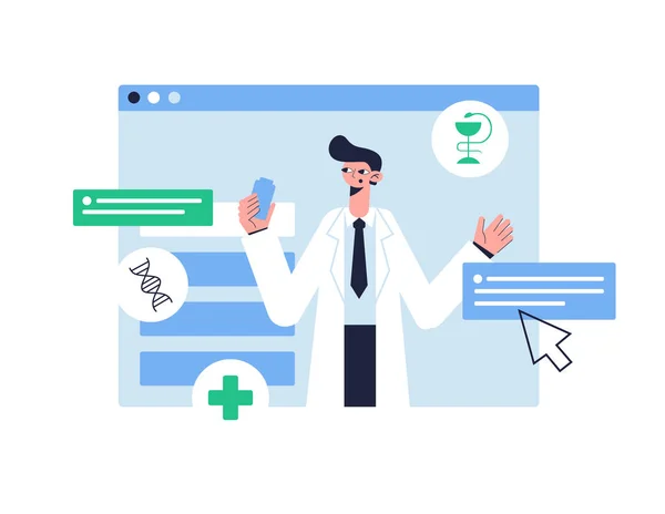 Ilustración vectorial. Concepto médico. Consulta en línea con un médico. Telemedicina. — Vector de stock