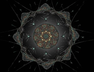 Dantelli renkli saat desen. Dijital fractal sanat tasarım. Kutsal semboller işaretler geometrisi soyut tasarım. Astroloji simya sihirli tasarımlar. Geometrik sarmal. Soyut renkli fraktal doku.