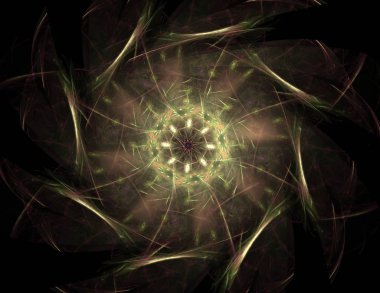 Soyut bir bilgisayar koyu arkaplanda modern fraktal tasarım üretti. Soyut fraktal renk dokusu. Dijital sanat. Soyut Form ve Renkler. Tasarımınız için soyut fraktal element deseni. Dinamik şekilli yumuşak renk üçgeni spirali