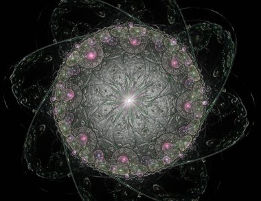 Konuyla ilgili soyut fraktal formlar grafik tasarım ve nükleer fizik bilim parçacıkların. Geometri kutsal fütüristik kuantum dijital hologram doku geliştirme dalga gerçeküstü tasarım.