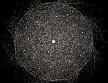 Konuyla ilgili soyut fraktal formlar grafik tasarım ve nükleer fizik bilim parçacıkların. Geometri kutsal fütüristik kuantum dijital hologram doku geliştirme dalga gerçeküstü tasarım.