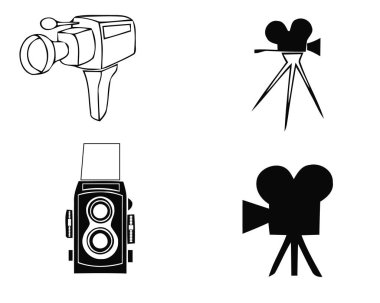 Retro eski ve modern fotoğraf fotoğraf ekipmanı kameralar simgesi. Vintage kamera objektif ve film veya dijital fotoğraf tripod üzerinde flaş izole siluet vektör