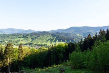 Güzel manzara dağlarda. Mavi gökyüzü, yeşil çim ve ağaçların ve ufukta arka plan dağlarda