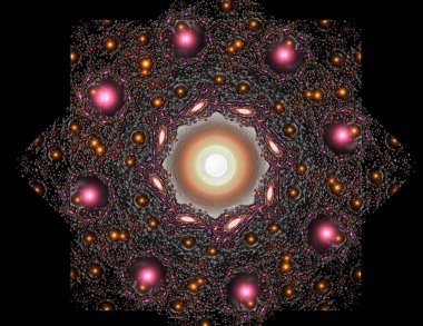 Soyut fraktal kırmızı arka plan ile kesişen daireler ve oval. disko ışıkları. Hareket illüstrasyon.