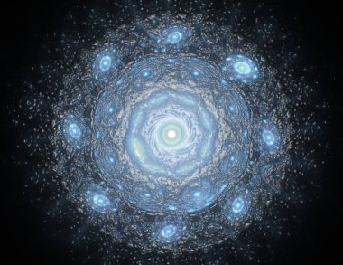 Soyut bir bilgisayar koyu arkaplanda modern fraktal tasarım üretti. Soyut fraktal renk dokusu. Dijital sanat. Soyut Form ve Renkler. Tasarımınız için soyut fraktal element deseni. Dinamik şekilli yumuşak renk üçgeni spirali