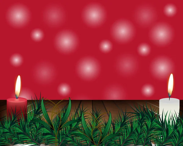 木製の背景にクリスマス ツリーの枝に赤いキャンドルを燃焼します メリー クリスマスと幸せな新年のグリーティング カード クリスマスの手紙 ベクトル図 — ストックベクタ