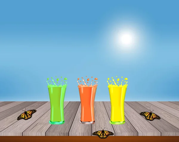 Batidos Jugos Bebidas Bebidas Variedad Con Frutas Frescas Una Mesa — Vector de stock