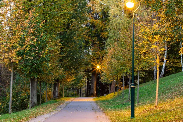 Lampen Park Herbst Und Sonnenuntergang Helle Und Orange Farben Romantische — Stockfoto