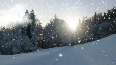 Donmuş manzara ile bir gece gökyüzü ve gün batımı. Bir kış manzarası kar taneleri düşüyor.
