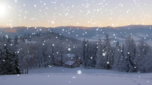 Frusna Landskap Med Natthimlen Och Solnedgången Snöflingor Faller Ett Vinterlandskap — Stockvideo