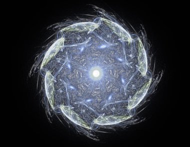 Soyut bir bilgisayar koyu arkaplanda modern fraktal tasarım üretti. Soyut fraktal renk dokusu. Dijital sanat. Soyut Form ve Renkler. Tasarımınız için soyut fraktal element deseni. Dinamik şekilli yumuşak renk üçgeni spirali