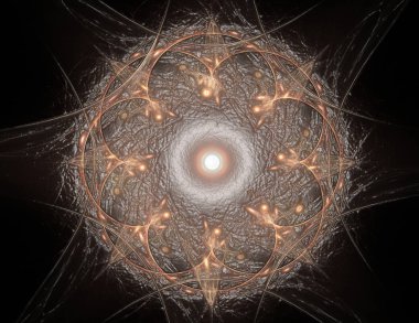 Soyut bir bilgisayar koyu arkaplanda modern fraktal tasarım üretti. Soyut fraktal renk dokusu. Dijital sanat. Soyut Form ve Renkler. Tasarımınız için soyut fraktal element deseni. Dinamik şekilli yumuşak renk üçgeni spirali