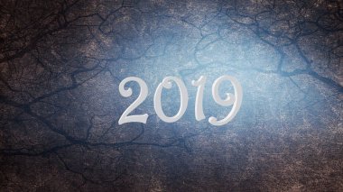Yeni yıl 2019 çözünürlük kavramı. Vintage Tipo ağaç türü blok grunge arka plan karşı Word soyut