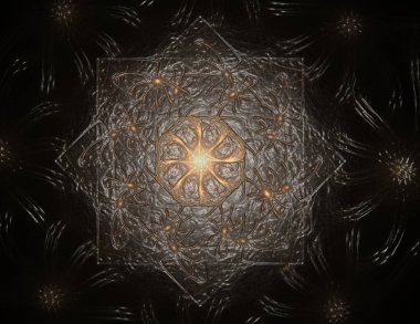 Soyut bir bilgisayar koyu arkaplanda modern fraktal tasarım üretti. Soyut fraktal renk dokusu. Dijital sanat. Soyut Form ve Renkler. Tasarımınız için soyut fraktal element deseni. Dinamik şekilli yumuşak renk üçgeni spirali